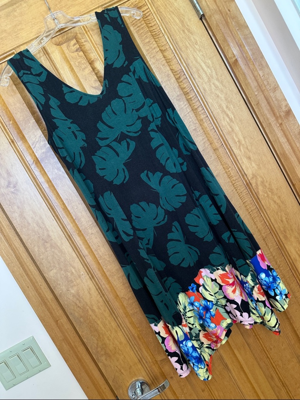 Spense Black Dress with Leaf Print & Multicolor Floral Hem